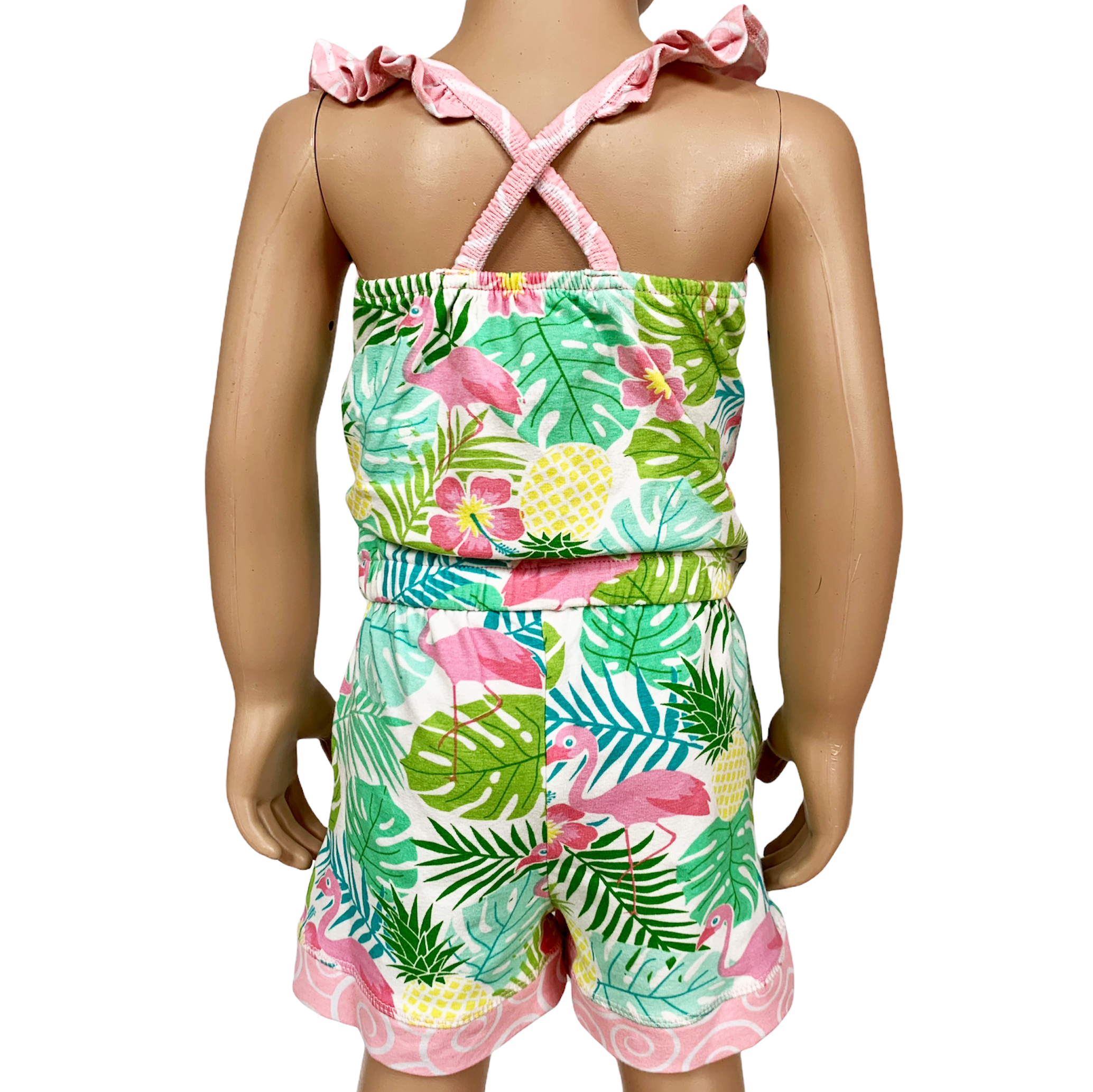 AnnLoren Little & Big Girls Pink Flamingo Palm Tree Kids Shorts Jumpsuit-1