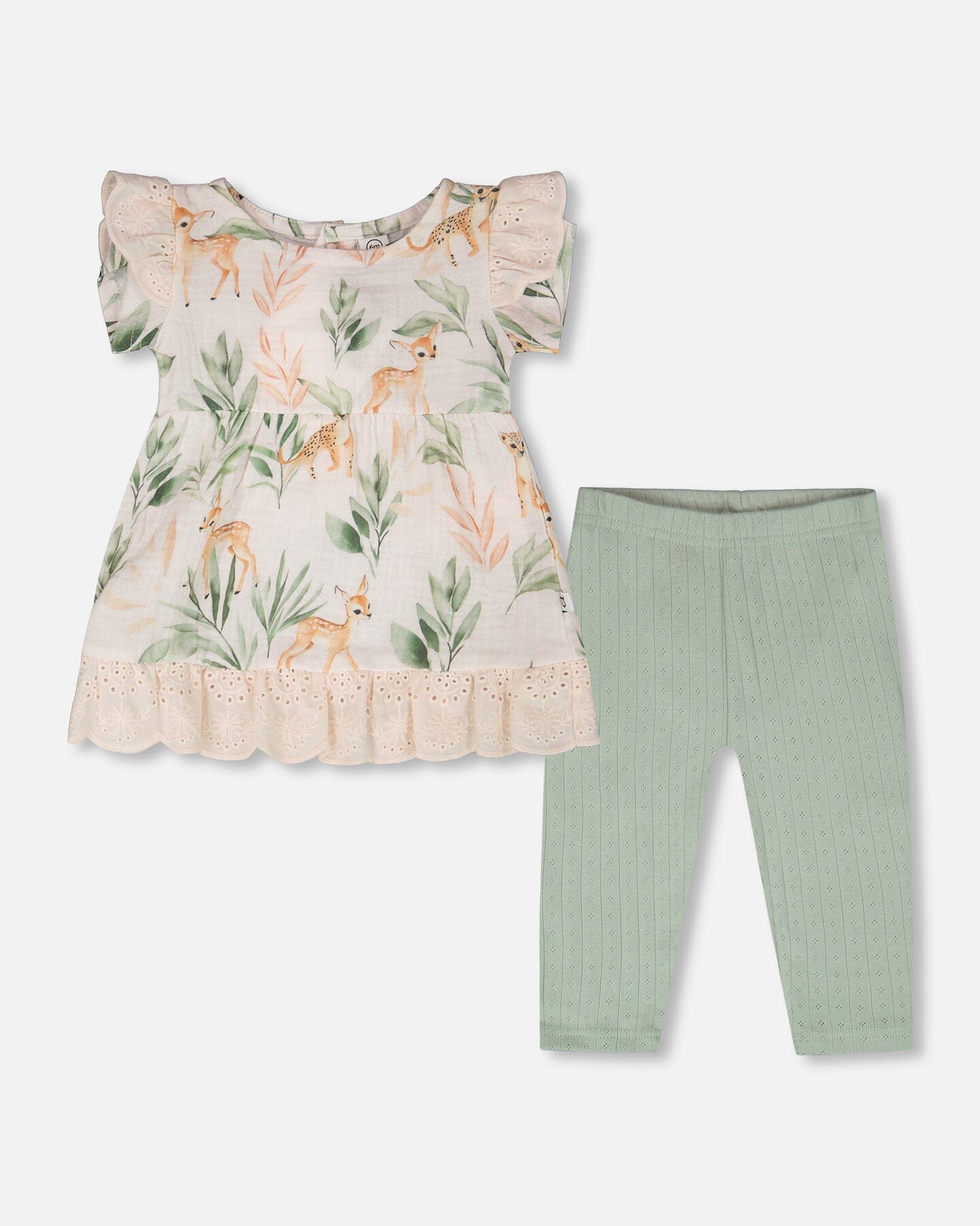 Muslin Tunic And Pointelle Leggings Set Peach Deer Print & Green