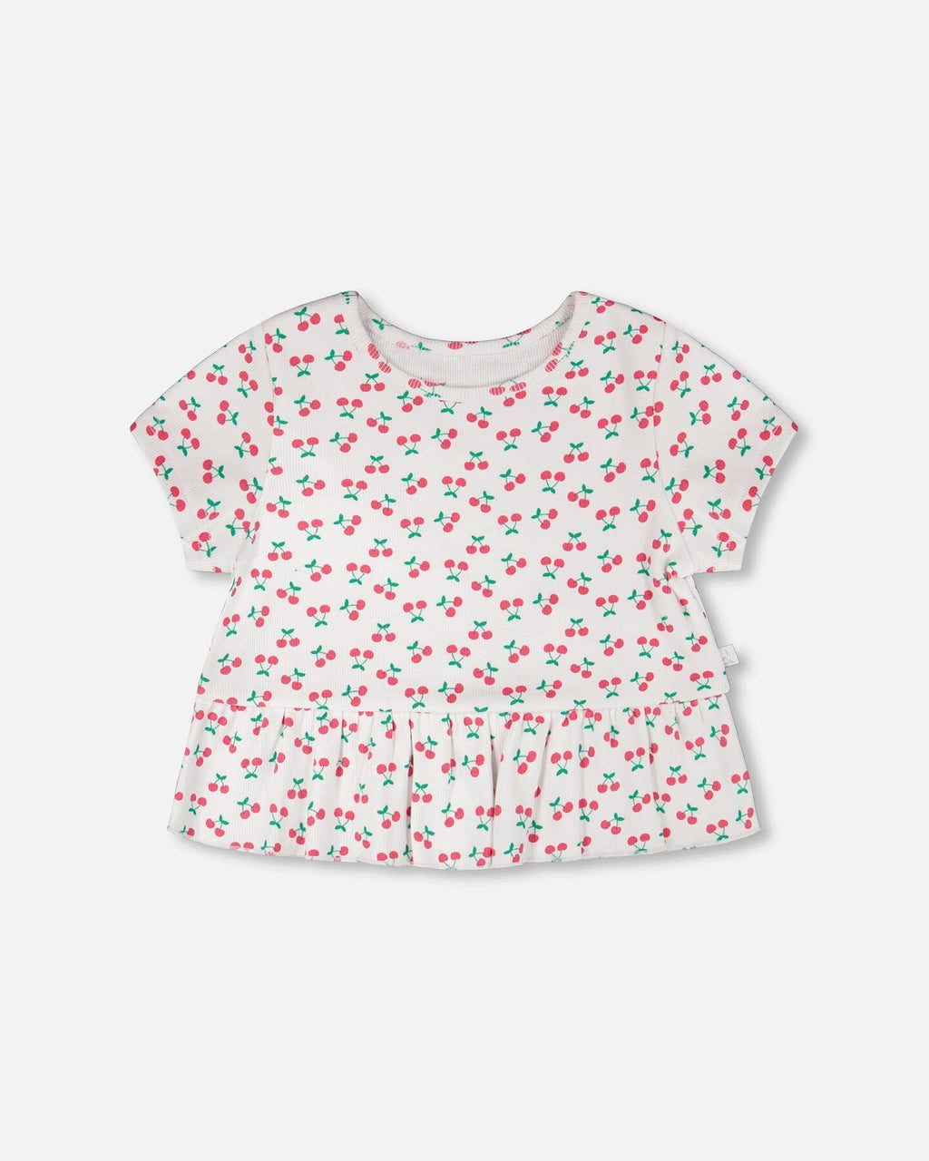 Rib Crop T-Shirt With Frill White Printed Cheeries
