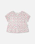 Rib Crop T-Shirt With Frill White Printed Cheeries