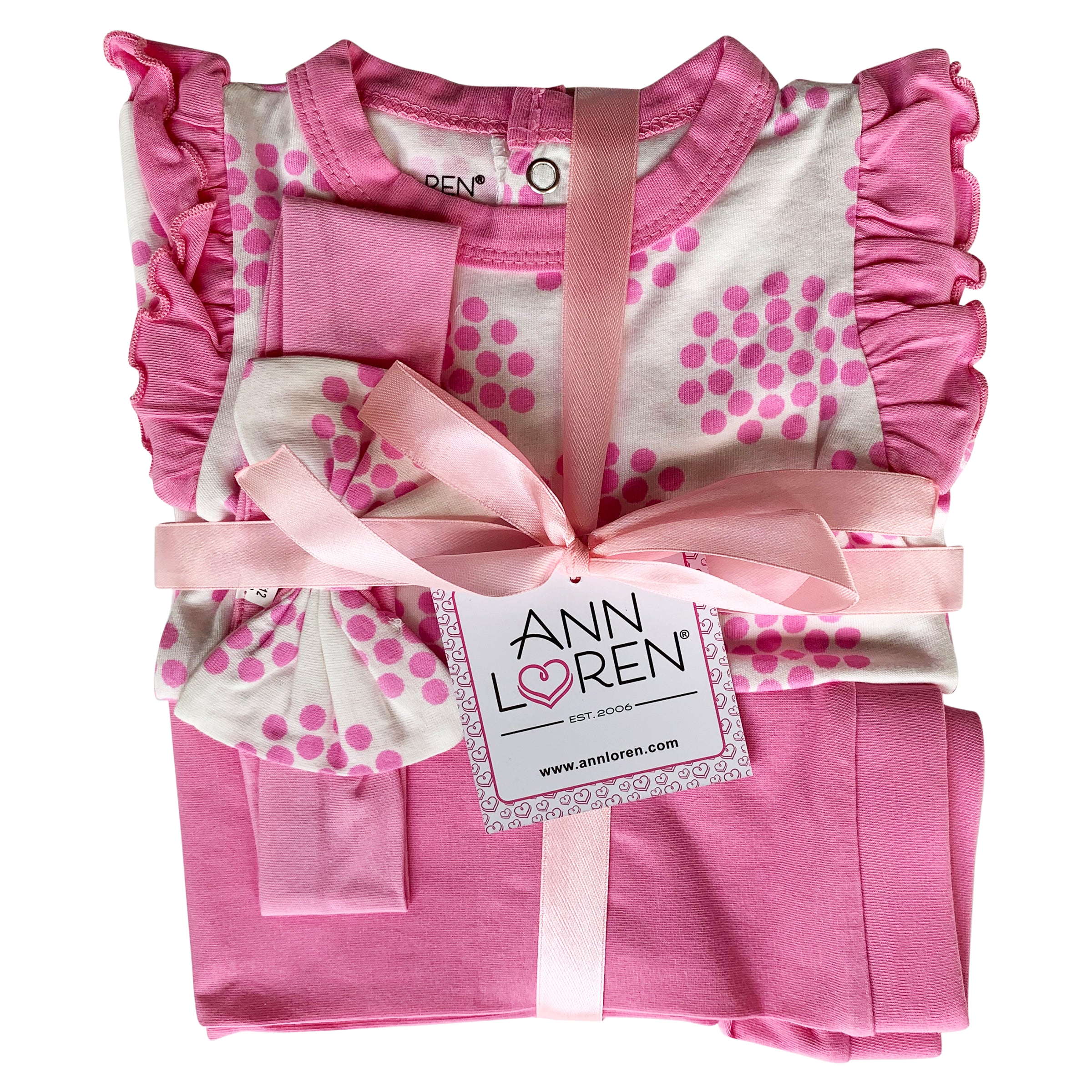 AnnLoren Baby Girls Layette Pink Polka Dot Onesie Pants Headband 3pc Gift Set Clothing-1