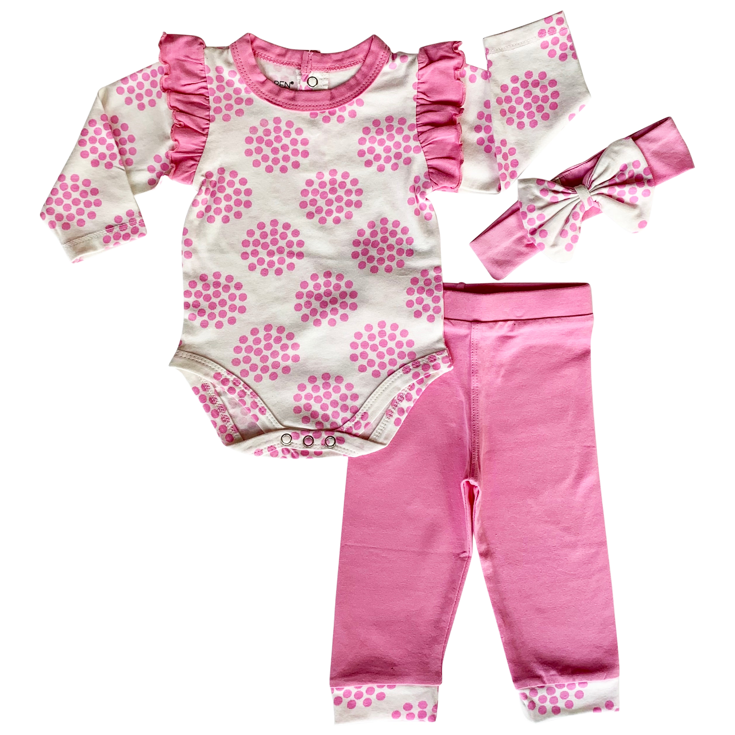 AnnLoren Baby Girls Layette Pink Polka Dot Onesie Pants Headband 3pc Gift Set Clothing-0