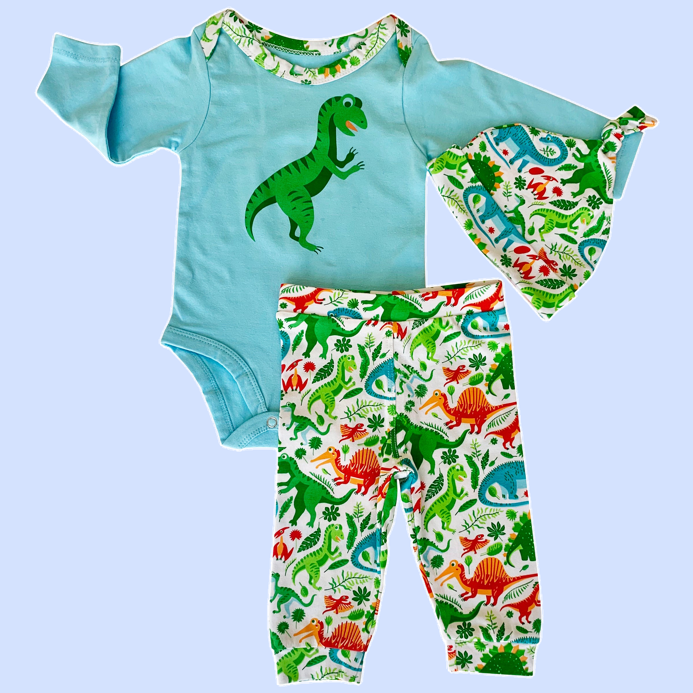 AnnLoren Baby Layette Boys Dinosaur Long Sleeve Onesie Pants Cap 3pc Gift Set-0