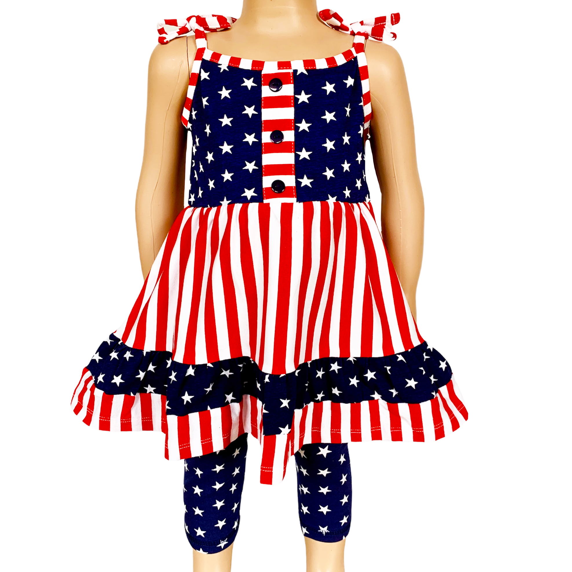 AnnLoren Girls 4th of July Stars Stripes Dress & Capri Set-0