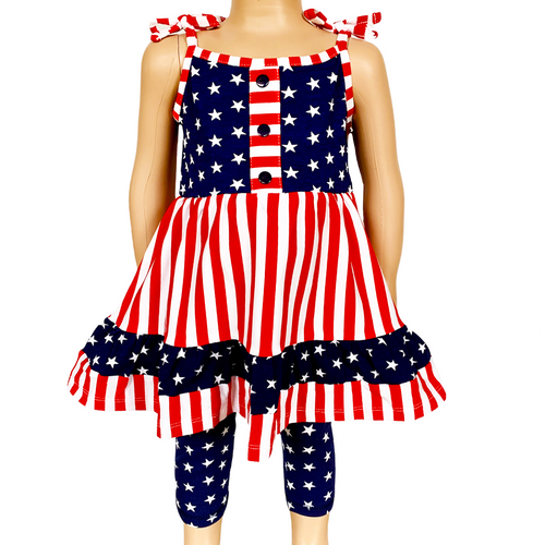 AnnLoren Girls 4th of July Stars Stripes Dress & Capri Set-0